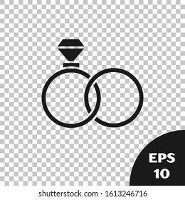 Black Wedding rings icon isolated on transparent background. Bride and groom jewelry sign. Marriage symbol. Diamond ring.  Vector Illustration