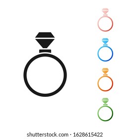 Black Wedding rings icon isolated on white background. Bride and groom jewelry sign. Marriage symbol. Diamond ring. Set icons colorful. Vector Illustration
