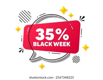 Black week chat speech bubble. Social media concept. Black week 35 percent sale. Special discount sign. Black friday offer symbol. Red chat message. Offer speech bubble. Glare 3d stars. Vector