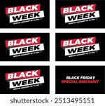 Black Week Clearance sale Modern promotion sticker, banner advertisement template of 50% , 40% , 30% , 20% , 10% off Vector illustration on black background combo pack