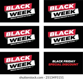 Black Week Clearance sale Autocolante de promoção moderna, modelo de anúncio de banner de 50%, 40%, 30%, 20%, 10% off Ilustração de vetor no fundo preto combo pack