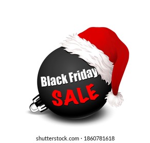 Black Week Sale black Christmas tree ball with Santa hat,
Christmas offers advertising,
Vector illustration isolated on white background
