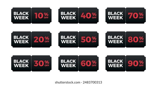 Black week sale coupon set. 10, 20, 30, 40, 50, 60, 70, 80, 90 percent.