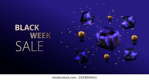 Black week sale and discount banner. Dark blue horizontal black friday discount web background with gold ball, violet gifts box and confetti.