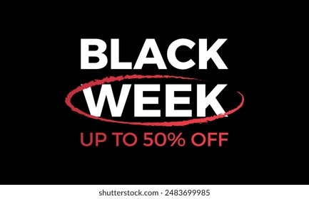 Black week sale logo banner. Up to 50% off