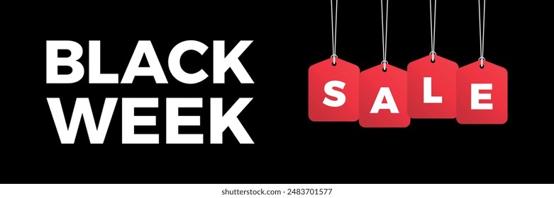 Black week sale price tag hanging on background