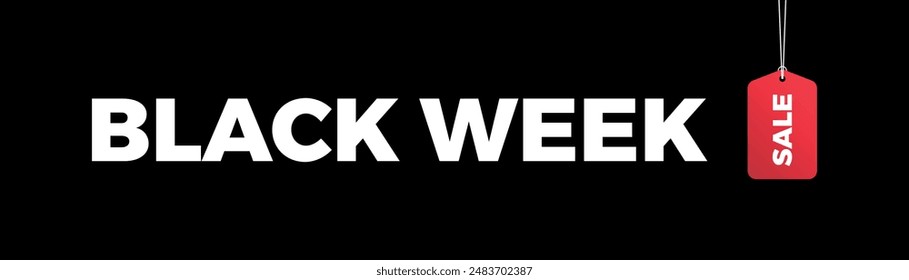 Black week sale price tag hanging on background