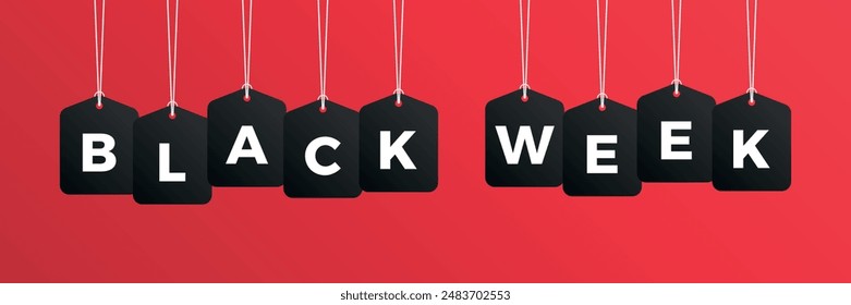 Black week sale price tag hanging on background