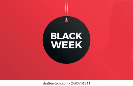 Black week sale tag circle hanging on red background