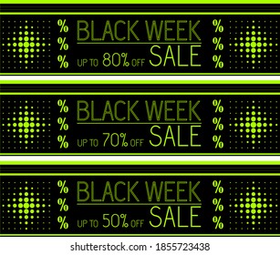 Black Week Sale variants. Dark background vivid glowing letters. Horizontal banner, poster, header, website, shop. Vector illustration.