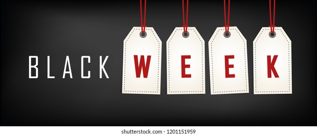 Black week sale white tags advertising on black background vector illustration