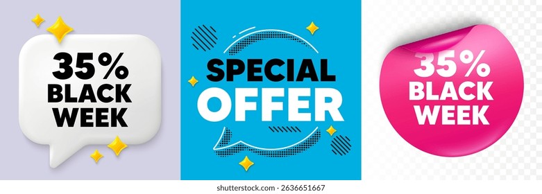 Black week speech bubble. 3d sparkles chat, Paper sticker. Black week 35 percent sale. Special discount sign. Black friday offer symbol. Special offer bubble. Halftone dots pattern. Vector