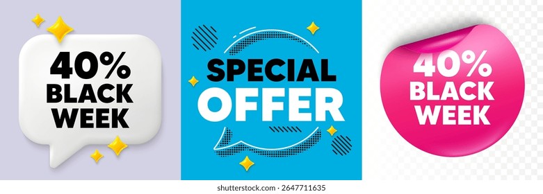 Black week speech bubble. 3d sparkles chat, Paper sticker. Black week 40 percent sale. Special discount sign. Black friday offer symbol. Special offer bubble. Halftone dots pattern. Vector