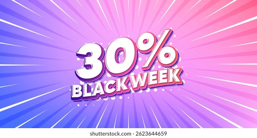 Black week sun rays gradient banner. Light burst background. Black week 30 percent sale. Special discount sign. Black friday offer symbol. Gradient sun rays. Sunburst light. Vector