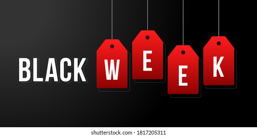 Black week vector illustration. Black week sale white tags advertising on black background vector illustration.