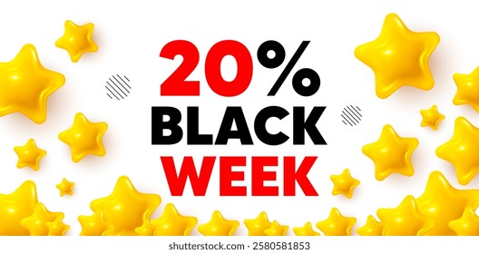 Black week winner banner with 3d stars. Golden stars banner. Black week 20 percent sale. Special discount sign. Black friday offer symbol. Review rate background. Vector