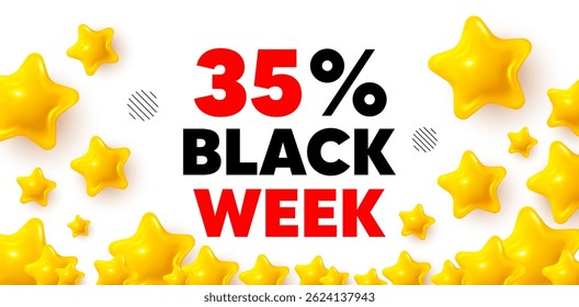 Black week winner banner with 3d stars. Golden stars banner. Black week 35 percent sale. Special discount sign. Black friday offer symbol. Review rate background. Vector