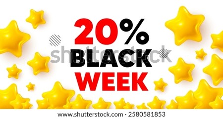 Black week winner banner with 3d stars. Golden stars banner. Black week 20 percent sale. Special discount sign. Black friday offer symbol. Review rate background. Vector