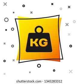 Black Weight icon isolated on white background. Kilogram weight block for weight lifting and scale. Mass symbol. Yellow square button. Vector Illustration