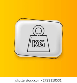 Icono negro del peso aislado en el fondo amarillo. Bloque de peso de kilogramo para levantamiento de pesas y báscula. Símbolo de masa. Botón rectángulo plateado. Vector