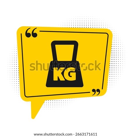 Black Weight icon isolated on white background. Kilogram weight block for weight lifting and scale. Mass symbol. Yellow speech bubble symbol. Vector