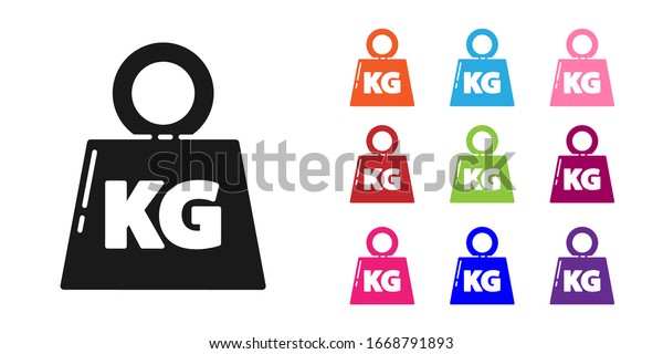 Black Weight icon isolated on white\
background. Kilogram weight block for weight lifting and scale.\
Mass symbol. Set icons colorful. Vector\
Illustration
