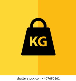 Black weight kilogram vector icon. Yellow background