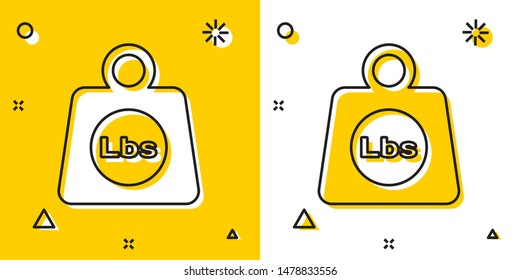 Black Weight pounds icon isolated on yellow and white background. Pounds weight block for weight lifting and scale. Mass symbol. Random dynamic shapes. Vector Illustration