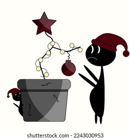 A black weirdo in a Santa Claus hat near a pot with a bare branch decorated with a Christmas ball and a star and a little man peeking out from behind the pot. A sad Christmas. 