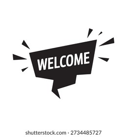 Black welcome speech bubble illustration with radiating burst spikes