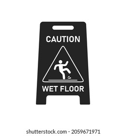 Black wet floor caution sign isolated on white background, Public warning symbol clipart. Slippery surface beware plastic board design element. Falling human pictogram. Vector illustartion