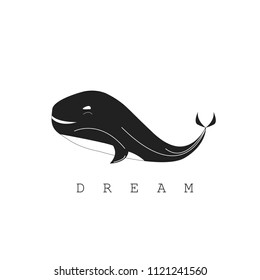 Black whale on white background and text Dream