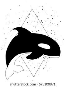 Black whale on white background with paint splatter.  Geometric design for a tattoo or printing. on Black and white geometric vector illustration.