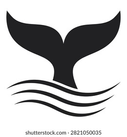 A black whale tail silhouette swims in ocean waves on white background symbol logo