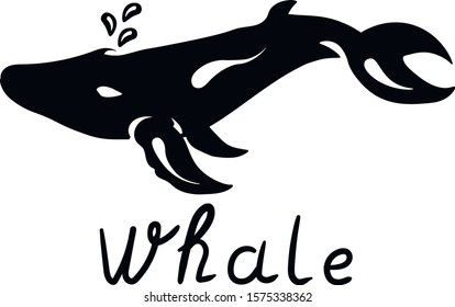 Black whale vector isolated illustration and lettering . Concept for print, logo, web design