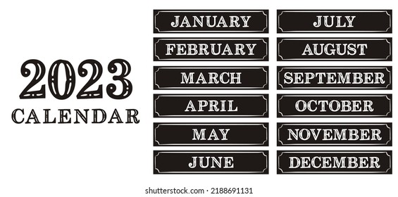Cabeceras de calendario negro y blanco 2023. Diseños para imprimir un calendario. Nombres de 12 meses. Plantilla para imprimir diarios, anuarios, planeadores, cuadernos y tarjetas. Ilustración del vector