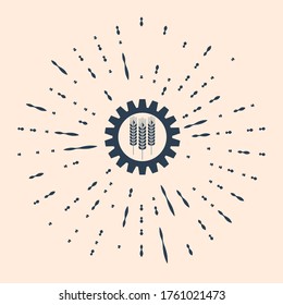 Black Wheat and gear icon isolated on beige background. Agriculture symbol with cereal grains and industrial gears. Industrial and agricultural. Abstract circle random dots. Vector Illustration