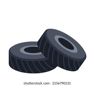 Black wheel. Bunch of old tires. Car element and tire service. Flat cartoon isolated on white. The problem of urban garbage