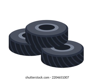 Black wheel. Bunch of old tires. Car element and tire service. Flat cartoon isolated on white. The problem of urban garbage