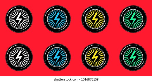 Black Wheel with Electric Sign. Vector Stylized Logo, Wheel of Electric Car on the Red Background. Symbol of Car Industry and Ecological Energy. Second Collection