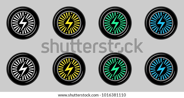 Black Wheel with Electric Sign.\
Vector Stylized Logo, Wheel of Electric Car on the Gray Background.\
Symbol of Car Industry and Ecological Energy. First\
Collection