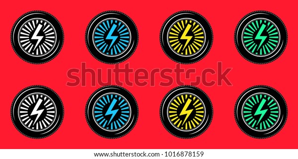 Black Wheel with Electric Sign.
Vector Stylized Logo, Wheel of Electric Car on the Red Background.
Symbol of Car Industry and Ecological Energy. Second
Collection