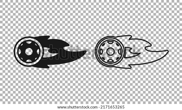 Black Wheel in fire flame icon\
isolated on transparent background. Burning wheel. \
Vector