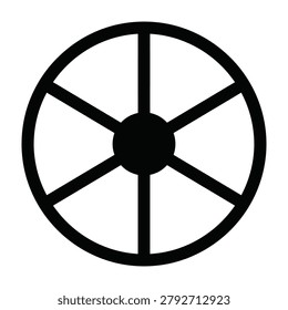 Black wheel icon with six spokes on white background, symbolizing movement and progress