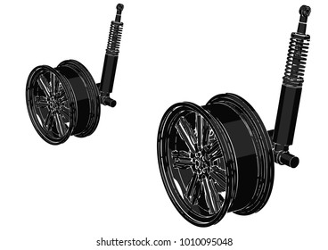 black wheel with shock absorber on white background