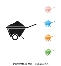 Black Wheelbarrow with dirt icon isolated on white background. Tool equipment. Agriculture cart wheel farm. Set icons colorful. Vector Illustration