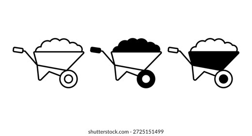 Paquete de ícono de carretilla negra que representa herramientas de transporte de jardinería para tierra, plantas y materiales. Perfecto para paisajismo y trabajos visuales al aire libre.