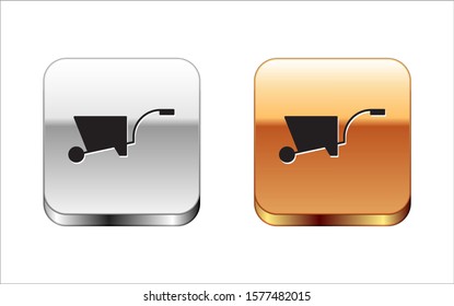 Black Wheelbarrow icon isolated on white background. Tool equipment. Agriculture cart wheel farm. Silver-gold square button. Vector Illustration