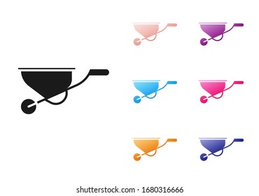 Black Wheelbarrow icon isolated on white background. Tool equipment. Agriculture cart wheel farm. Set icons colorful. Vector Illustration