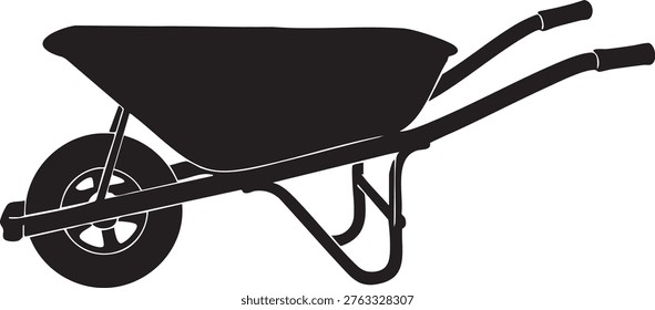 Black wheelbarrow with sturdy metal frame and single large tire